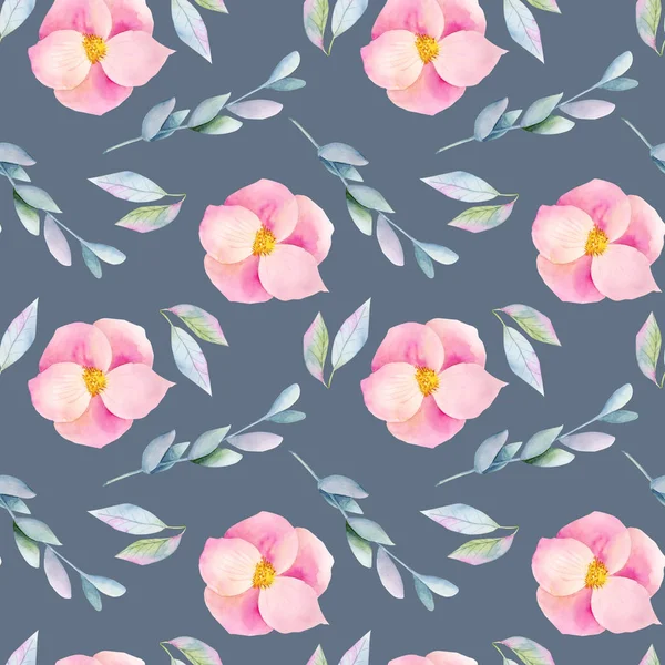 Seamless Pattern Watercolor Pink Briar Flowers Branches Hand Painted Dark — Stock Photo, Image