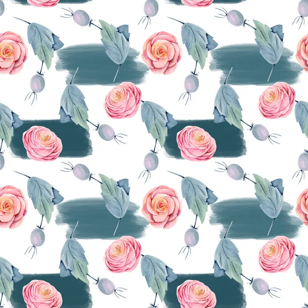 Seamless Pattern Watercolor Pink Beautiful Roses Briar Berries Hand Painted — Stock Photo, Image