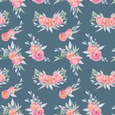 Çiçek buketlerinin kusursuz deseni ve gül ve yeşil bitkilerin kompozisyonları, koyu mavi arka planda elle boyanmış.