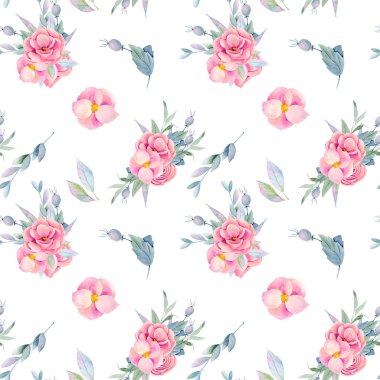 Kusursuz suluboya desenli çiçek buketleri, izole çiçekler ve dallar, beyaz arka planda elle boyanmış.