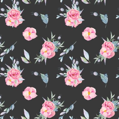 Kusursuz suluboya desenli çiçek buketleri, izole çiçekler ve dallar, koyu arka planda elle boyanmış.