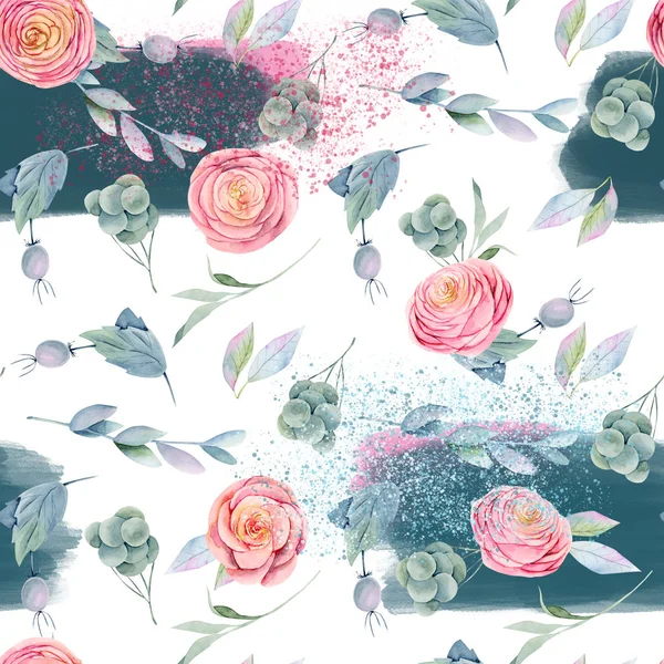 Płynny Wzór Akwareli Różowe Piękne Róże Zielone Liście Jagody Gałęzie — Zdjęcie stockowe