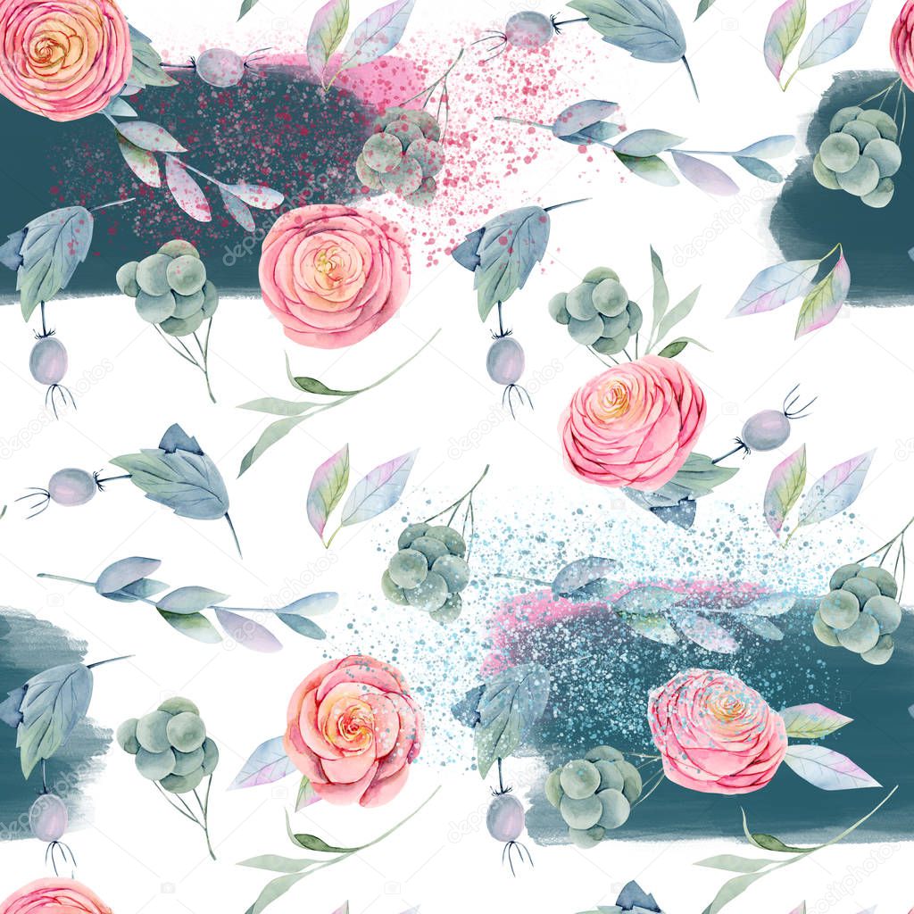 Seamless pattern of watercolor pink beautiful roses, green leaves, briar berries and branches, hand painted on white background