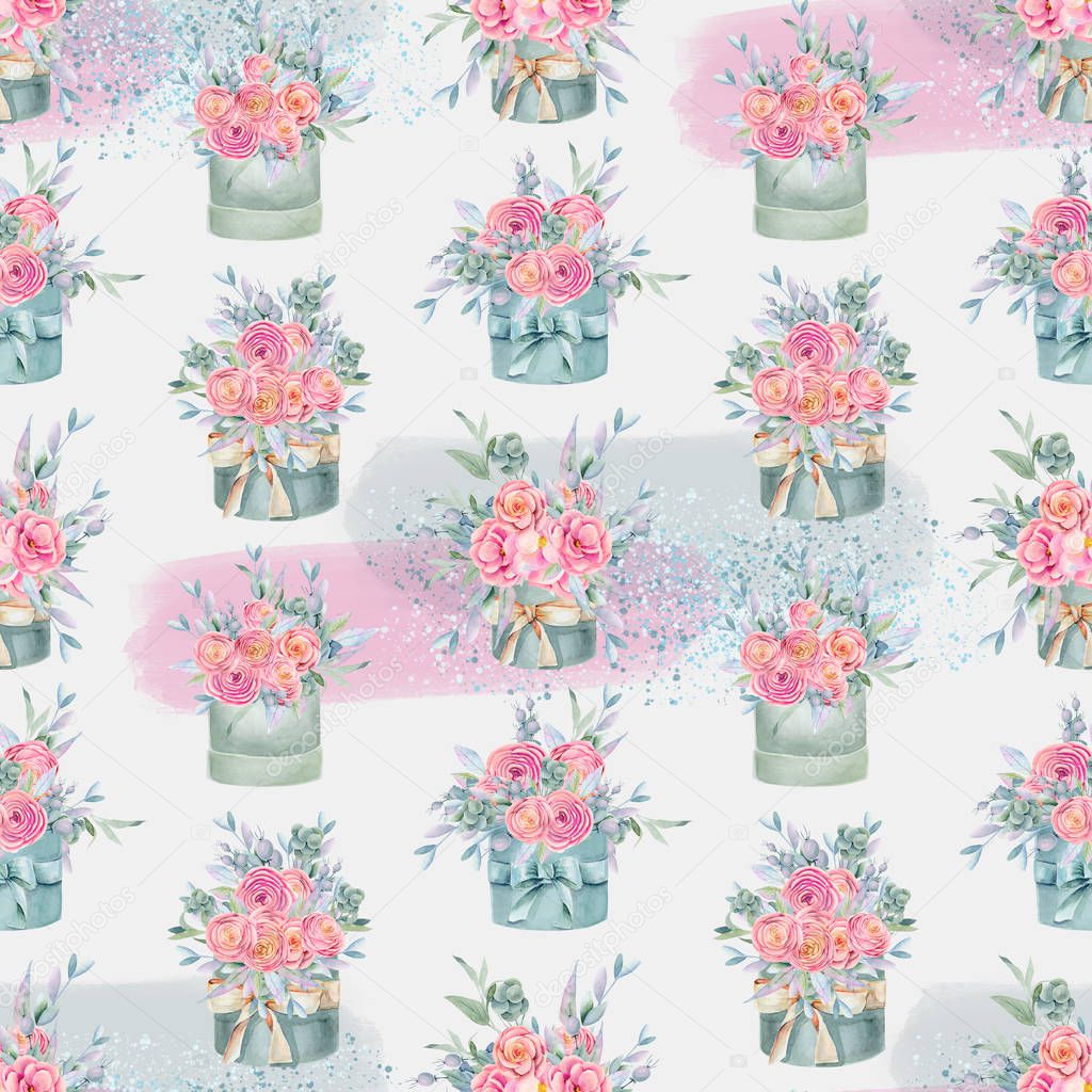 Seamless pattern of watercolor gift boxes with pink beautiful roses, green leaves and branches, hand painted on grey background