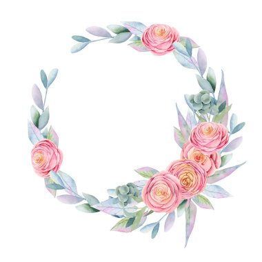 Suluboya pembe güller, yeşil yapraklar, böğürtlenler ve dallar, el boyaması beyaz arka plan, düğün ve diğer şenlikli süslemeler için.