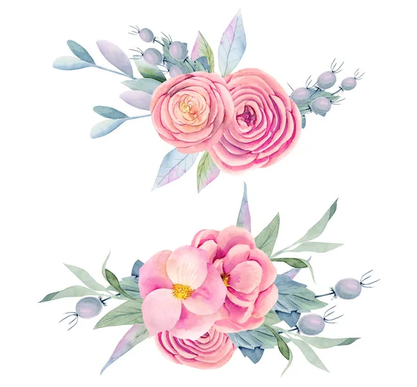 Collection Watercolor Isolated Bouquets Pink Beautiful Roses Peonies Decorative Berries — Stock Photo, Image