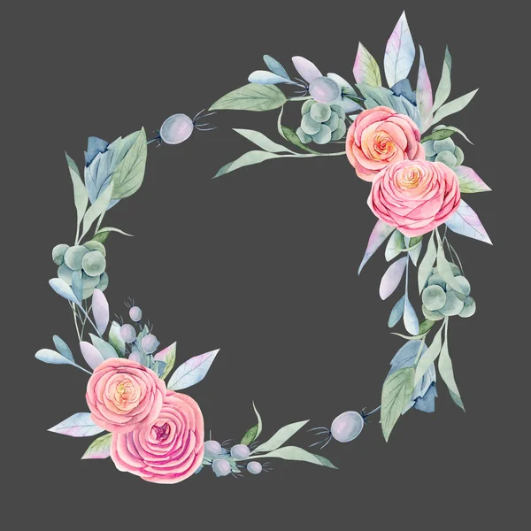 Вінок Акварельних Рожевих Красивих Троянд Зелене Листя Декоративні Ягоди Гілки — стокове фото
