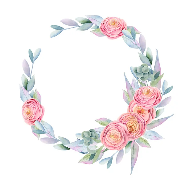 Wreath Watercolor Pink Beautiful Roses Green Leaves Berries Branches Hand — 스톡 사진