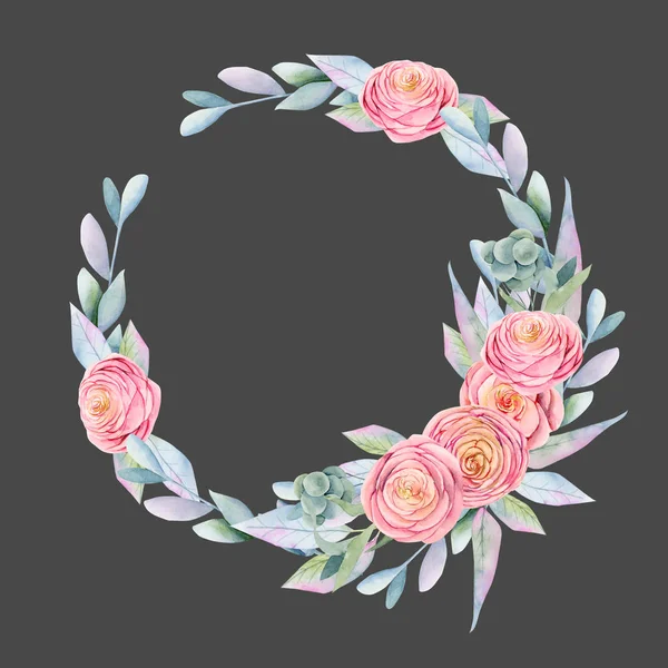 水彩艳丽的玫瑰 浆果和枝条的花环 手绘深色底色 用于婚礼和其他节日装饰 — 图库照片