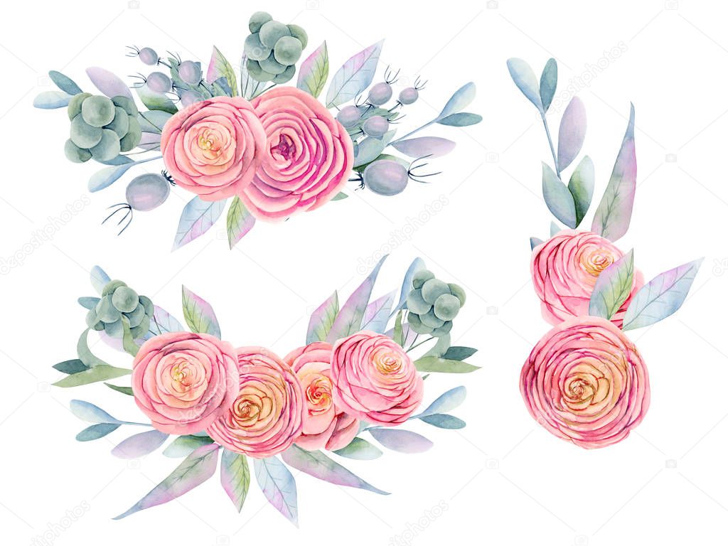 Collection of watercolor isolated bouquets of pink beautiful roses, decorative berries, green leaves and branches, hand painted on white background
