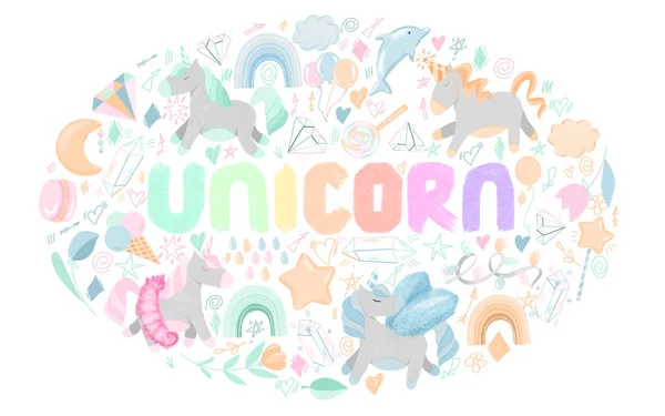 Pre Made Composition Hand Drawn Unicorns Magic Elements Pastel Colors — Stock Photo, Image