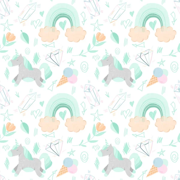 Seamless pattern with hand drawn unicorns, crystals and rainbows in mint pastel colors on white background