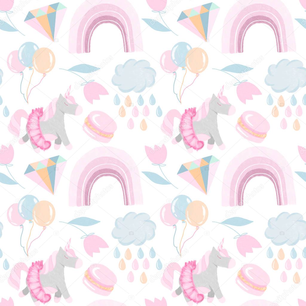 Seamless pattern with hand drawn unicorns and magic elements in pastel purple colors on white background