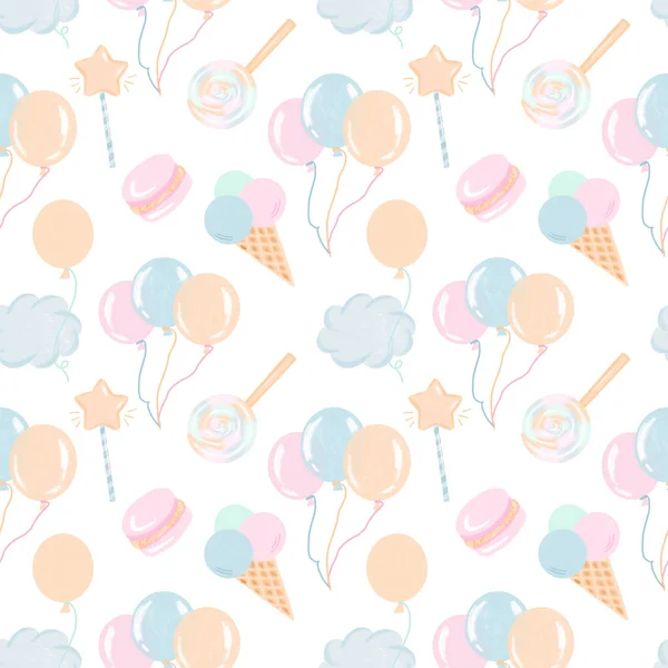 Seamless Pattern Hand Drawn Sweets Air Balloons Clouds Pastel Colors — Stock Photo, Image