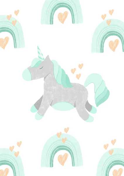 Unicorno Disegnato Mano Arcobaleno Cuori Colori Pastello Menta Disegno Poster — Foto Stock