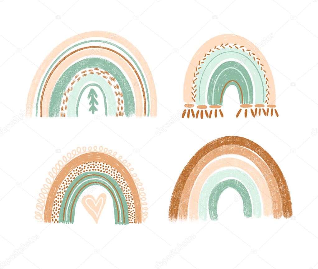 Collection of hand drawn boho rainbows in pastel mint and brown colors, isolated elements on white background; nursery art design, for printing on baby clothes and textiles, home decor art