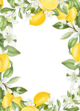 Kart şablonu, el çerçevesi beyaz arkaplanda çiçek açan limon dalları, çiçekler ve limonlar
