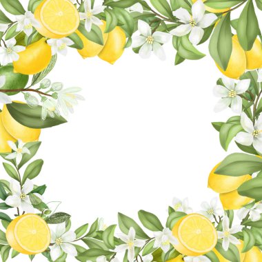Kart şablonu, el çerçevesi beyaz arkaplanda çiçek açan limon dalları, çiçekler ve limonlar
