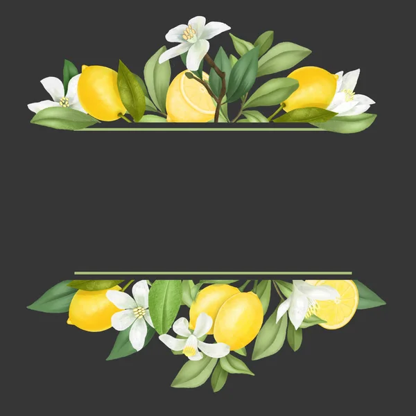 手描きのフレームは暗い背景にレモンの木の枝 レモンを開花 — ストック写真
