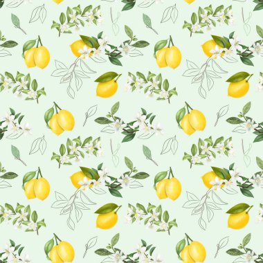 Elle çizilmiş kusursuz desen mavi arka planda çiçek açan limon ağacı dalları.