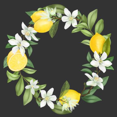 El çelengi çiçek açan limon ağacı dalları, limon çiçekleri ve limonlar, koyu bir arka planda izole edilmiş çizimler.