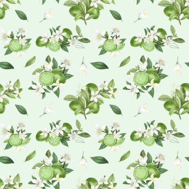 Elle çizilmiş kusursuz desen mavi arka planda çiçek açan kireç ağacı dalları