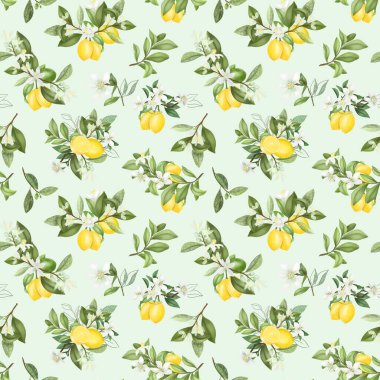 Elle çizilmiş kusursuz desen mavi arka planda çiçek açan limon ağacı dalları.