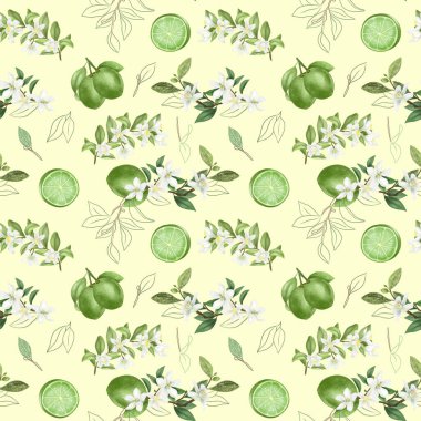 Kusursuz desenli, el çizimi kireç ağacı dalları ve sarı arka planda limonlar.