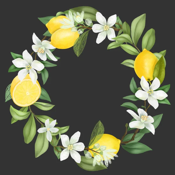 Wreath Hand Drawn Blooming Lemon Tree Branches Lemon Flowers Lemons — Stock Photo, Image