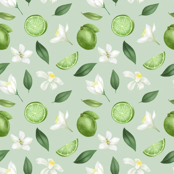 Seamless Pattern Hand Drawn Limes Green Lemons Lime Flowers Green — Stock Photo, Image