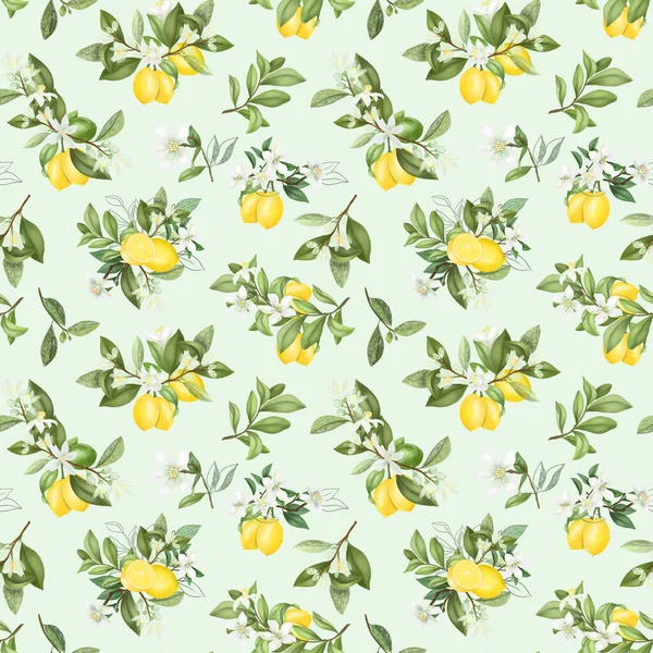 Бесшовный Рисунок Ручной Работы Цветущие Лимонные Ветви Дерева Синем Фоне — стоковое фото