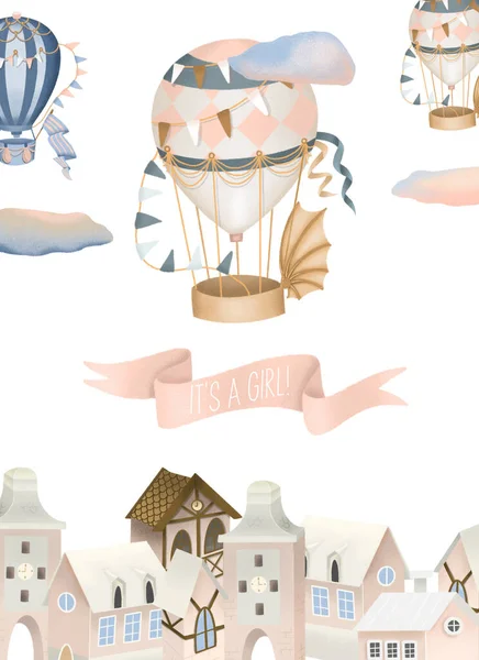 手描きの町 レトロな飛行機や熱気球イラスト 女の子のベビーシャワーカードテンプレート — ストック写真