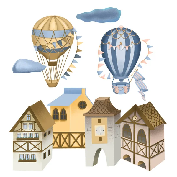 Ilustración Casas Bavarianas Globos Aerostáticos Retro Calientes Cielo Calle Festiva —  Fotos de Stock