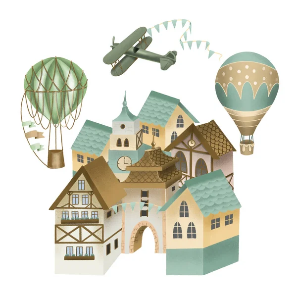 Illustration Bayerischer Häuser Retro Flugzeuge Und Heißluftballons Himmel Festliche Altstadt — Stockfoto