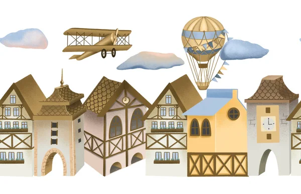 Ilustración Perfecta Casas Bavarianas Aviones Retro Globos Aerostáticos Calientes Cielo — Foto de Stock