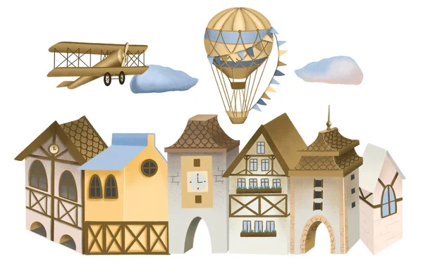 Illustration Maisons Bavaroises Avions Rétro Montgolfières Dans Ciel Rue Festive — Photo
