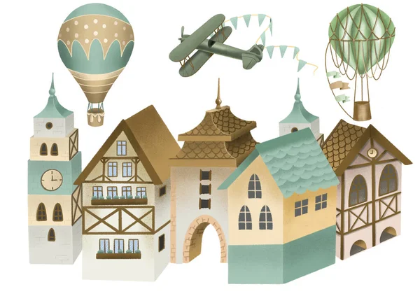 Illustration Bayerischer Häuser Retro Flugzeuge Und Heißluftballons Himmel Festliche Altstadt — Stockfoto