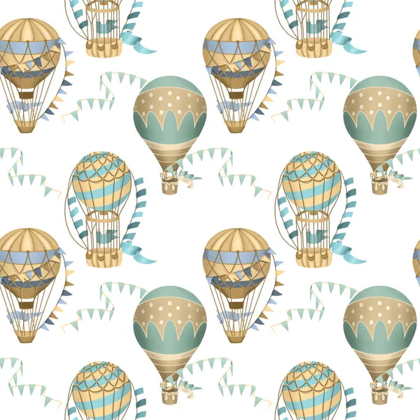 Seamless Pattern Hand Drawn Festive Hot Air Balloons White Background — Stock Photo, Image