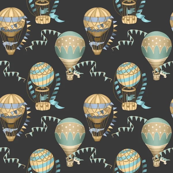 Seamless Pattern Hand Drawn Festive Hot Air Balloons Dark Background — Stock Photo, Image