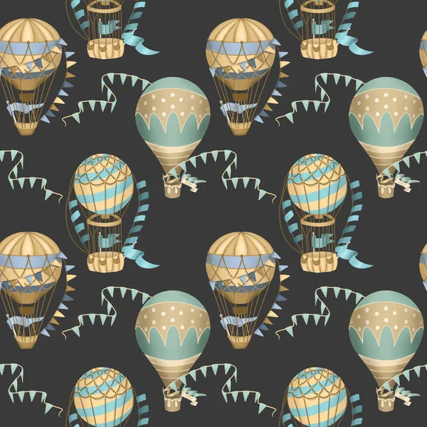 Seamless pattern with hand drawn festive hot air balloons on a dark background