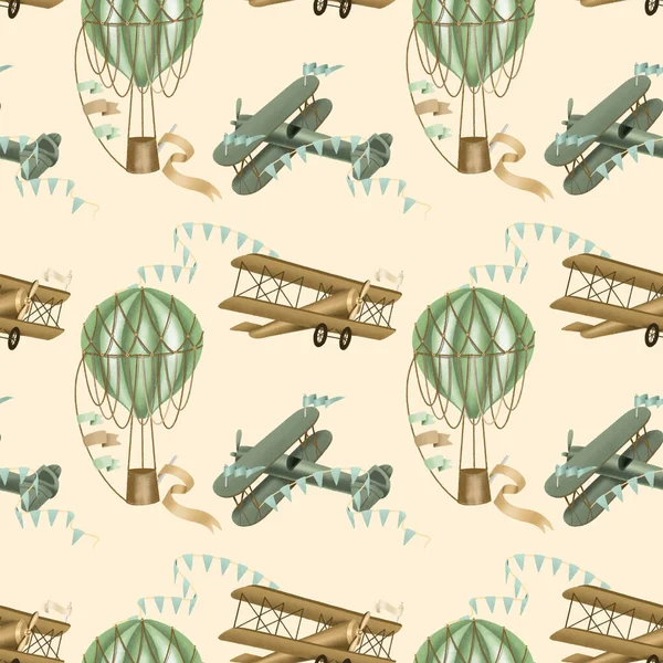 Seamless pattern with hand drawn festive hot air balloons and retro airplanes on a beige background