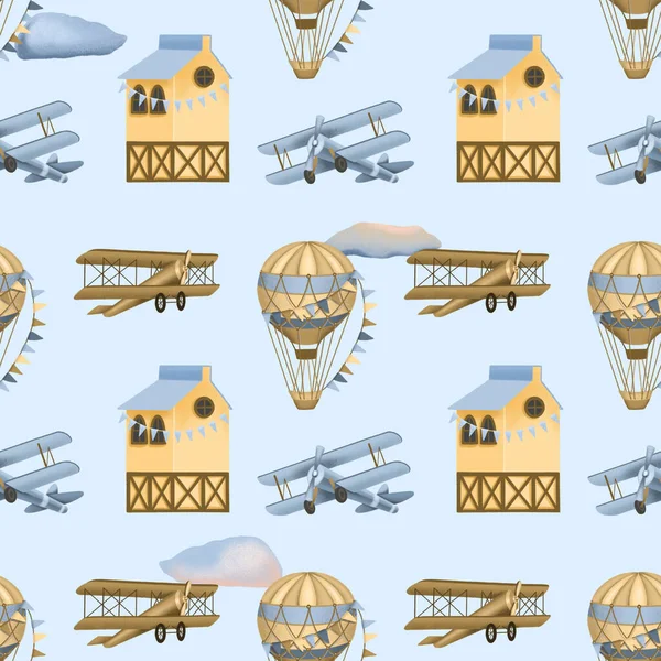 Bezešvé Vzor Ručně Kreslené Slavnostní Horkovzdušné Balóny Retro Letadla Domy — Stock fotografie