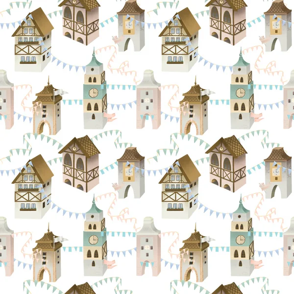 Seamless pattern of cozy bavarian houses with garlands and flags, festive town, hand painted on a white background