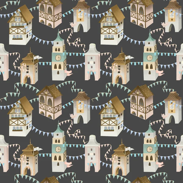 Seamless pattern of cozy bavarian houses with garlands and flags, festive town, hand painted on a dark background