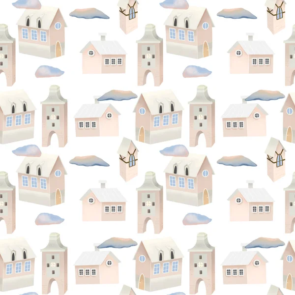 Seamless pattern of cute pink houses and clouds in the sky, hand painted on a white background