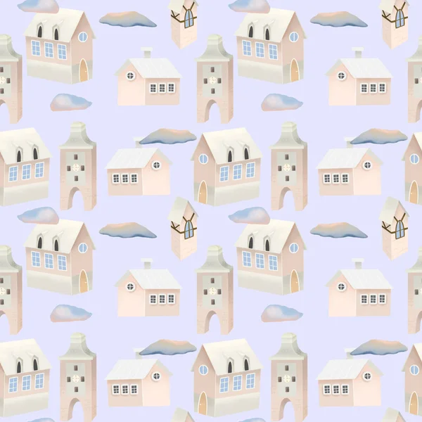 Безшовний Візерунок Милих Рожевих Будинків Хмар Небі Рука Намальована Синьому — стокове фото