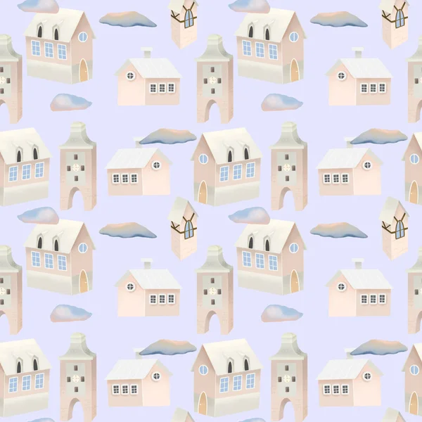 Seamless pattern of cute pink houses and clouds in the sky, hand painted on a blue background