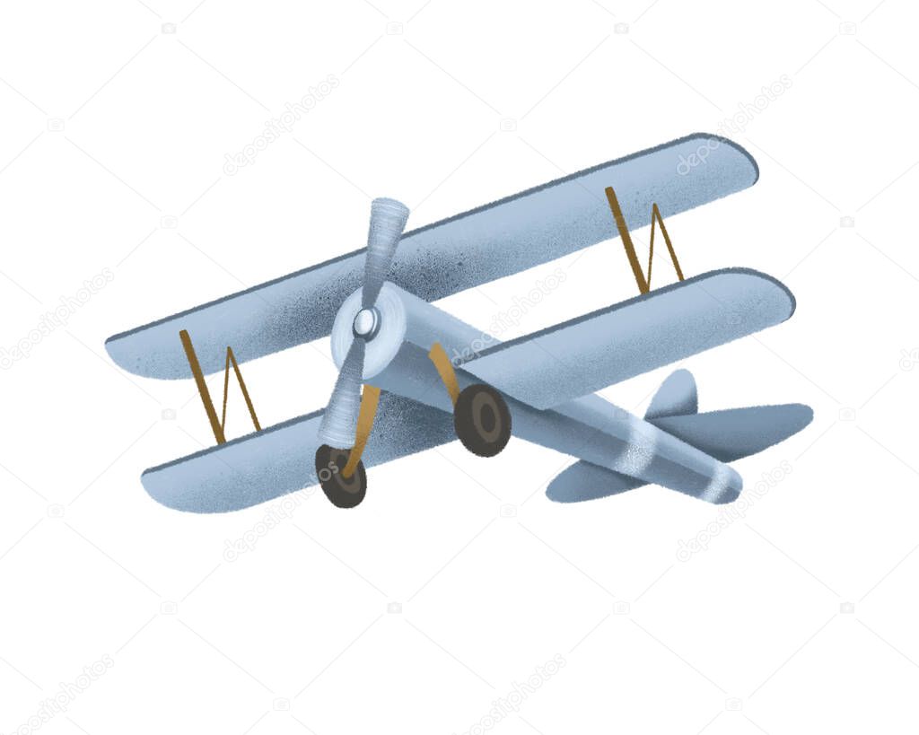 Hand drawn blue retro airplane, isolated illustration on a white background