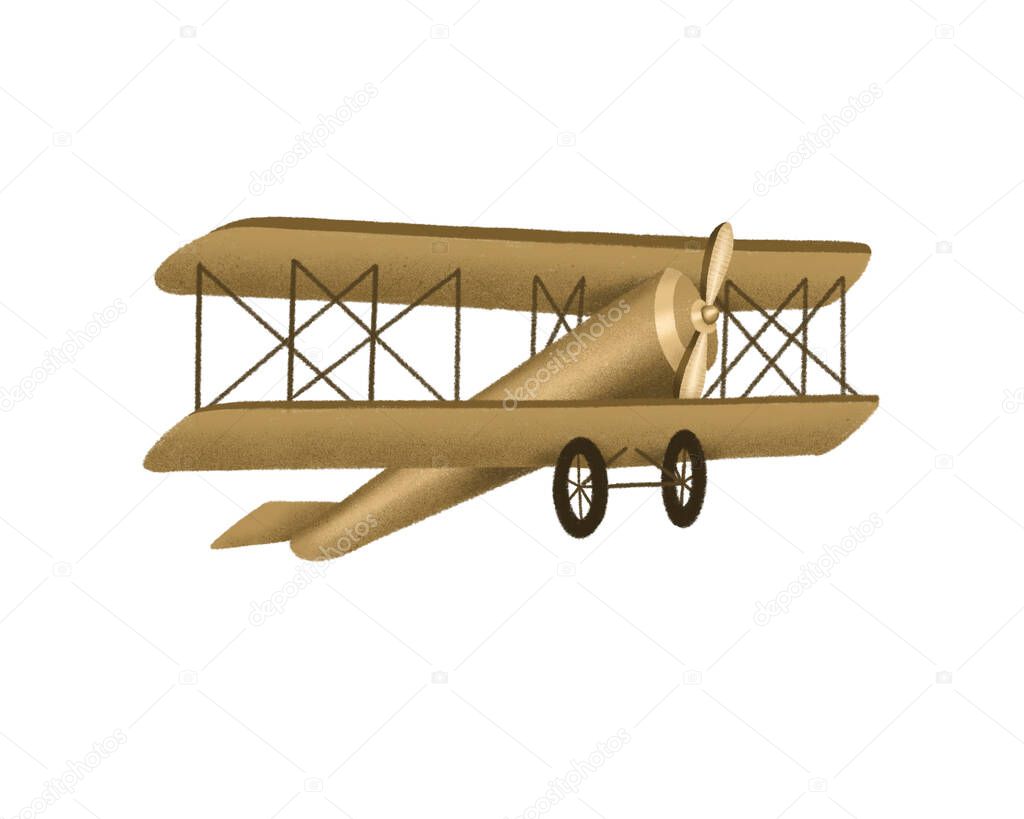 Hand drawn brown retro airplane, isolated illustration on a white background