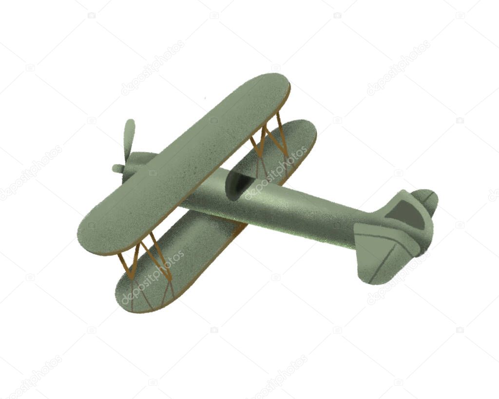Hand drawn green military retro airplane, isolated illustration on a white background